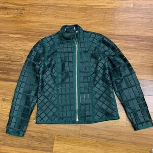 Per Se Jacket Womens Size 2 Emerald Green Italian Lace Diamond Pattern Zip Front